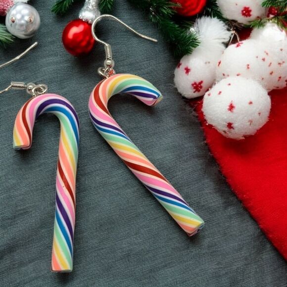 Rainbow Candy Cane Holiday Earrings🎄Festive Christmas Jewelry Pierced Dangle - Picture 1 of 7